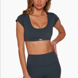 SET Active Cap Sleeve Scoop Crop Top Bra and Shorts Set in River